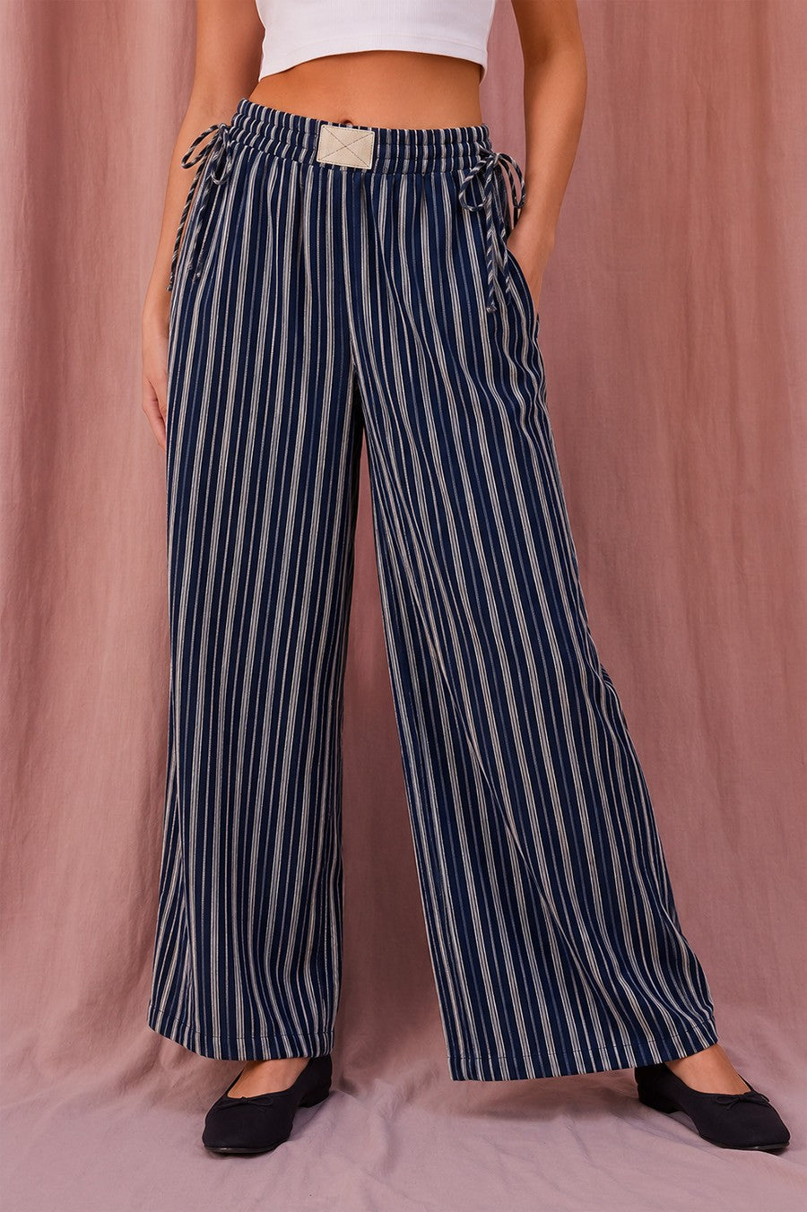 Striped Drawstring Wide Leg Pants IM9494A