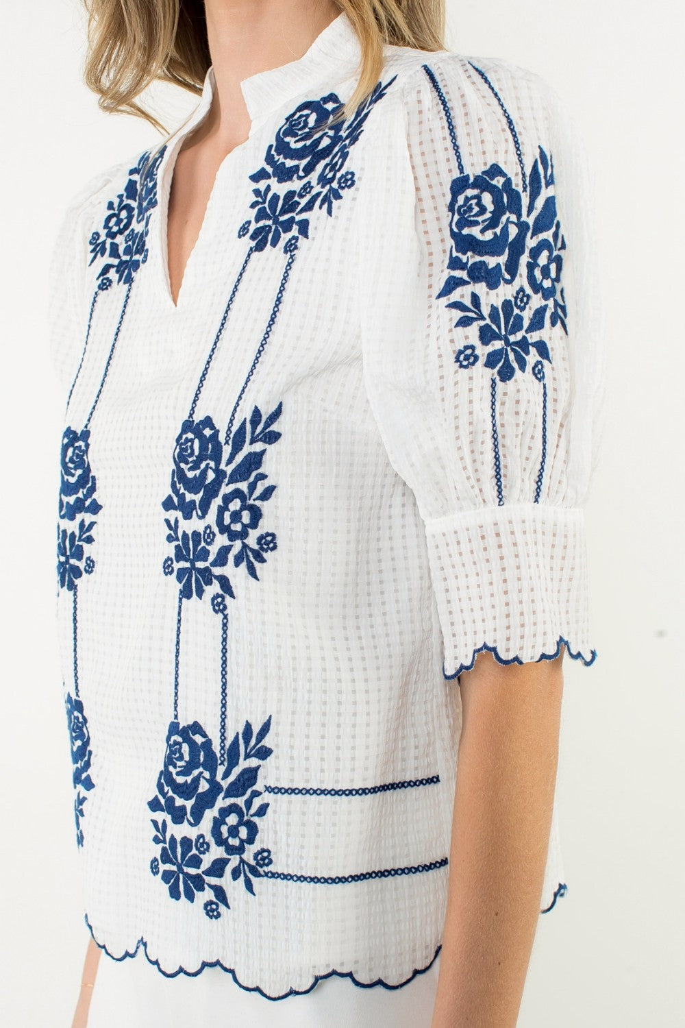 Embroidered Puff Sleeve Stripe Top WCT2972