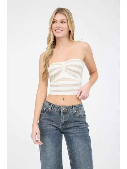 Stripe Strapless Cropped Sweater Knit Top TW1710