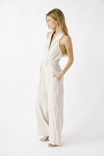 Pinstripe Collar Wideleg Jumpsuit JJ6004