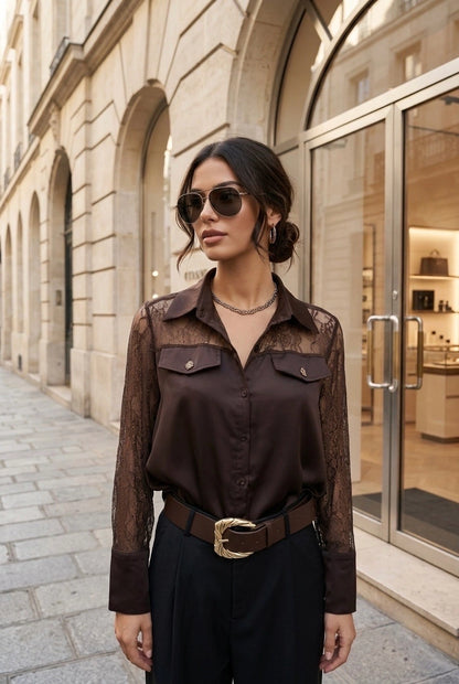 Women's Satin Lace Shirt with Pockets  7082