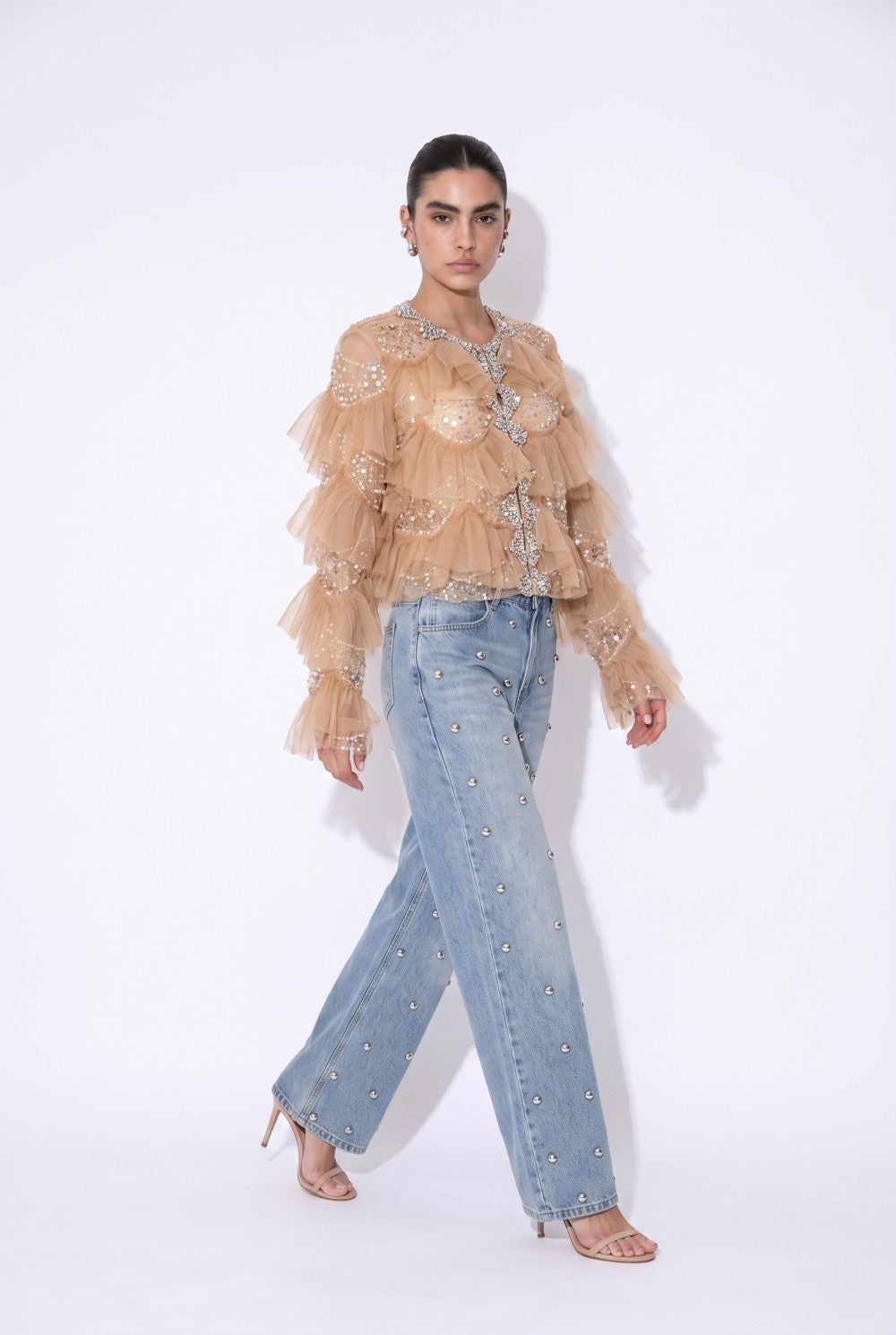 Embellished Ruffle Mesh Jacket  AM4001