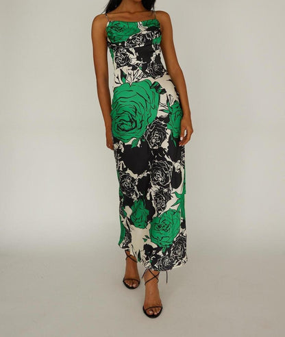 Floral Print Pleated Cowl Neckline Midi Dress 64218B-1