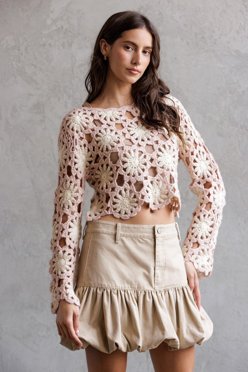 Crochet Flower Long Sleeve Crop Top JT4104-1