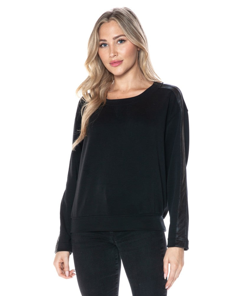 Crew Neck W/ Pleather Sleeve In Scuba T1710-K490P