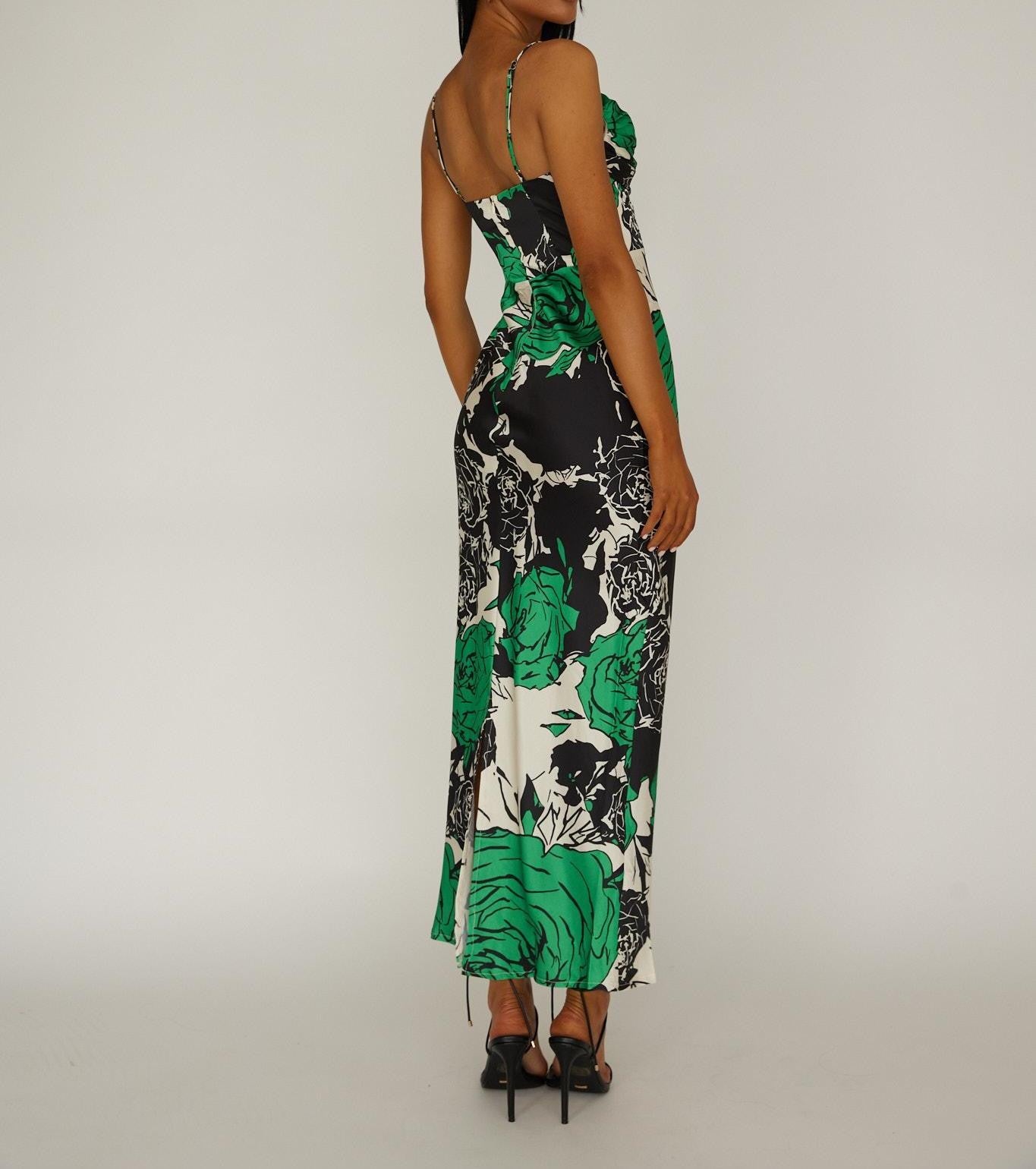 Floral Print Pleated Cowl Neckline Midi Dress 64218B-1