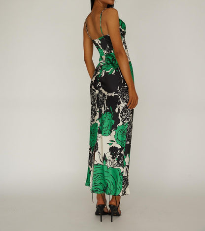 Floral Print Pleated Cowl Neckline Midi Dress 64218B-1