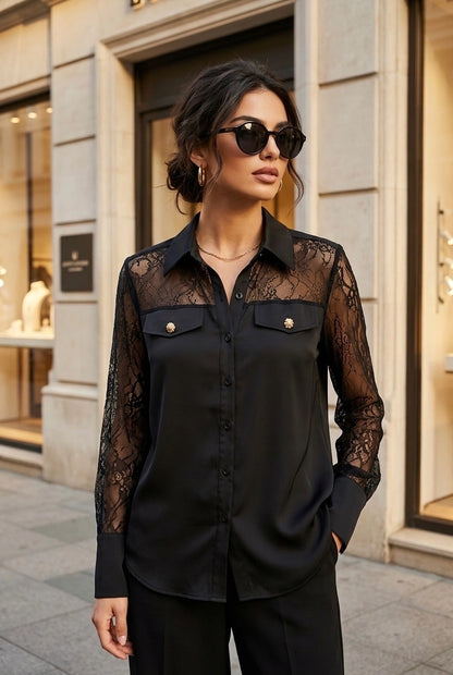Women's Satin Lace Shirt with Pockets  7082