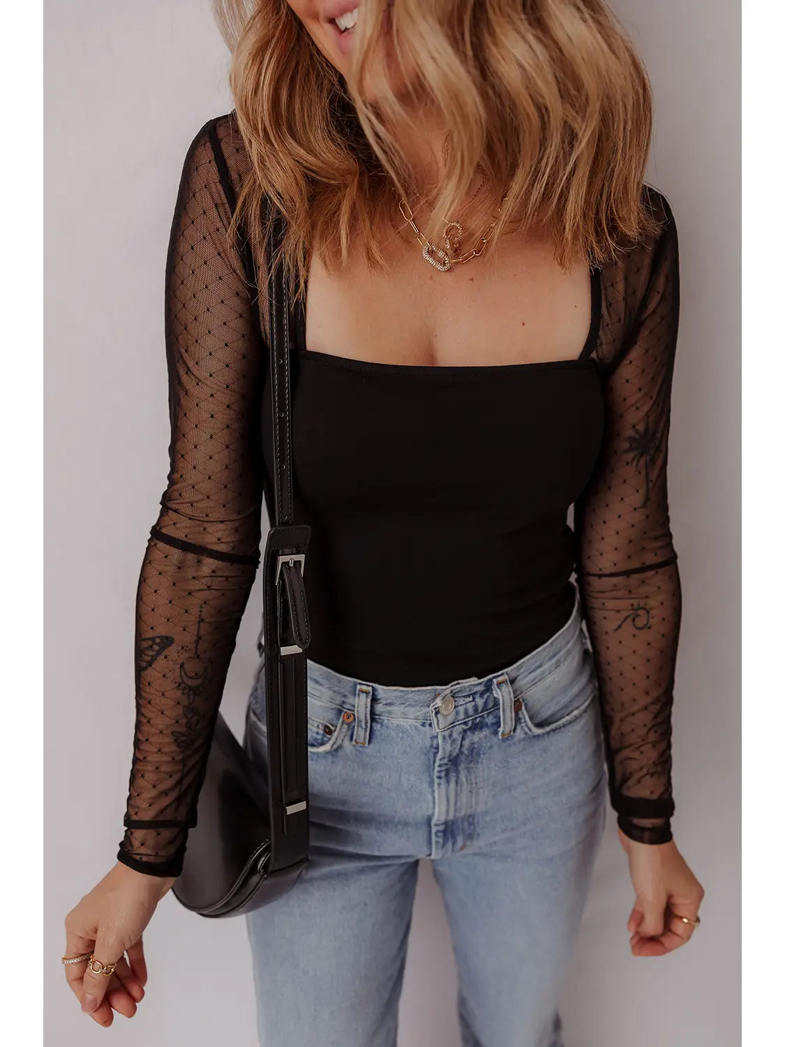 Polka Dot Mesh Square Neck Long Sleeve Bodysuit APLA6422041-P2