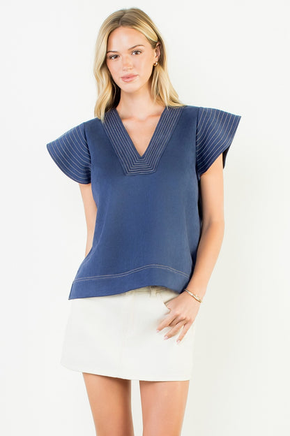 Flutter Sleeve V-neck Suede Top THS1821