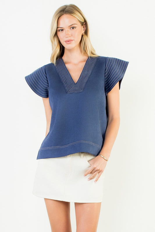 Flutter Sleeve V-neck Suede Top THS1821