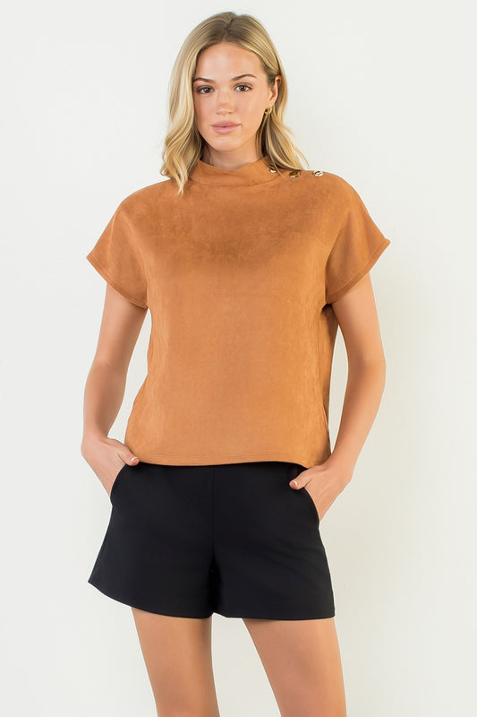 Button Detail Short Sleeve Suede Top THS1819