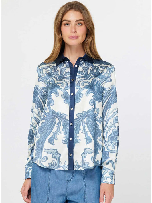 Printed Button Down Blouse W/Contrast Collar 2530272
