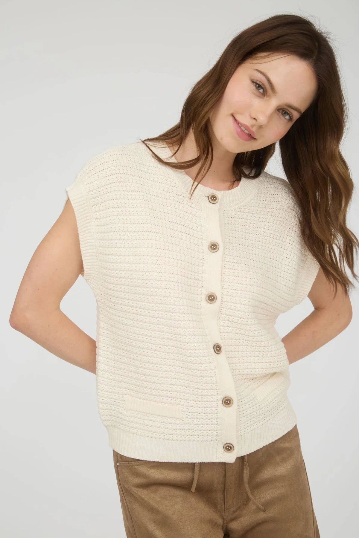 Button Down Short Sleeve Knit Cardigan Vest TW2030