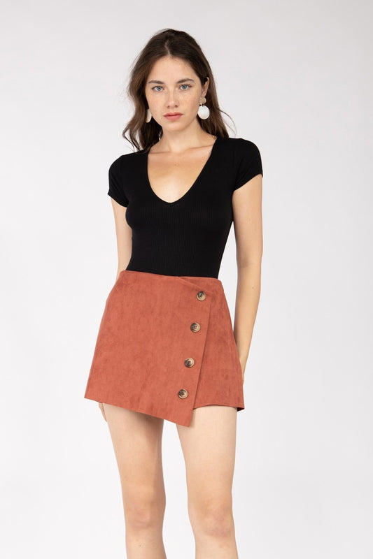 Faux Suede Asymmetrical Button Down Skort MP112217