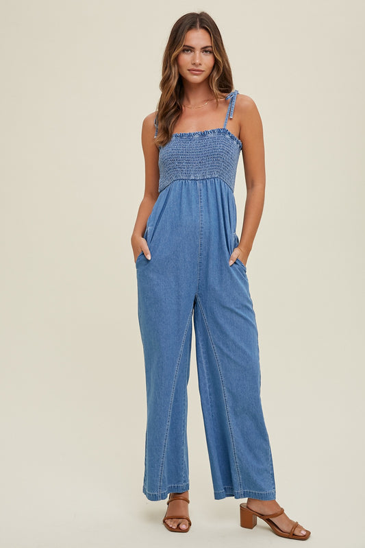 Smocked Bust Denim Jumpsuit WL24-8602.