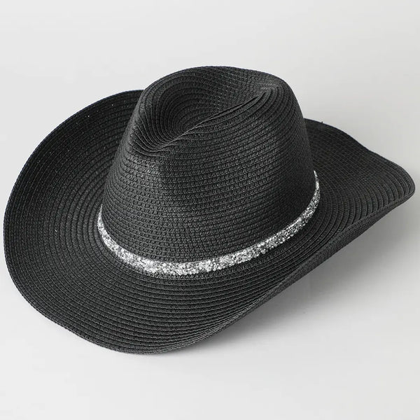 ???WHITE Rhinestone Band Straw Panama Hat White Twisted Straw Western Pinch Front Hat with Rhinestone  main image 4