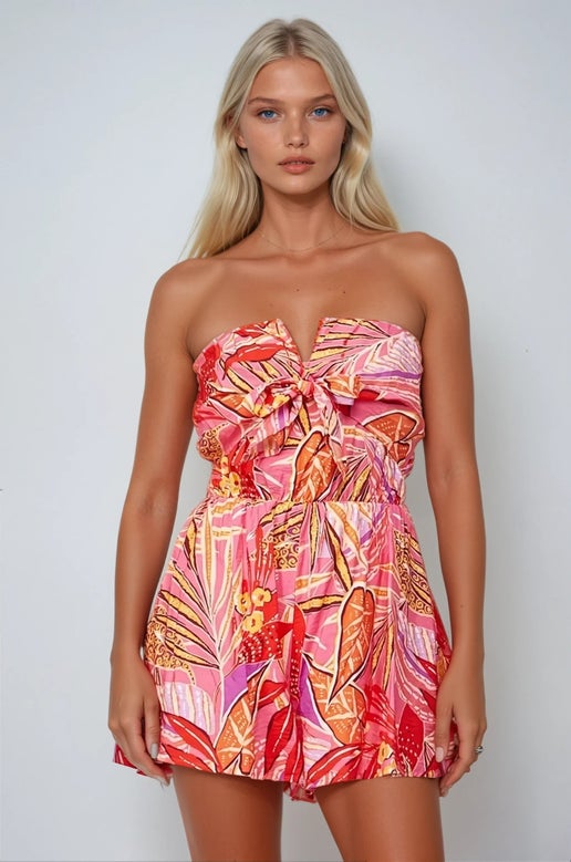Tropical Printed Tie Front Tube Romper W4404RE