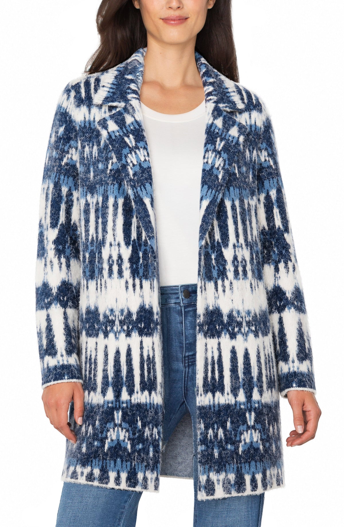 Open Front Coatigan Sweater - Navy/White Multi