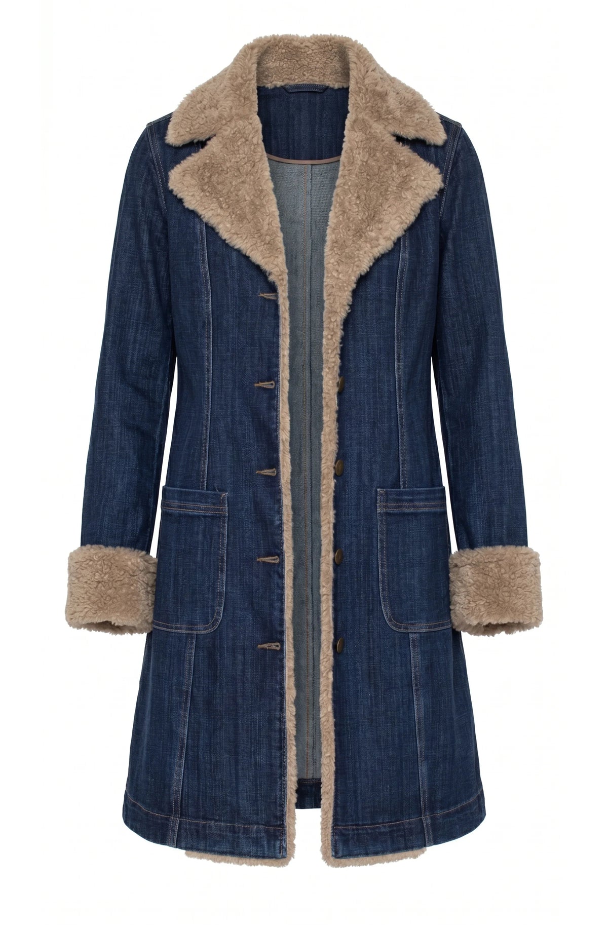 Sherpa Trimmed Notch Collar Denim Jacket - Rinse Wash