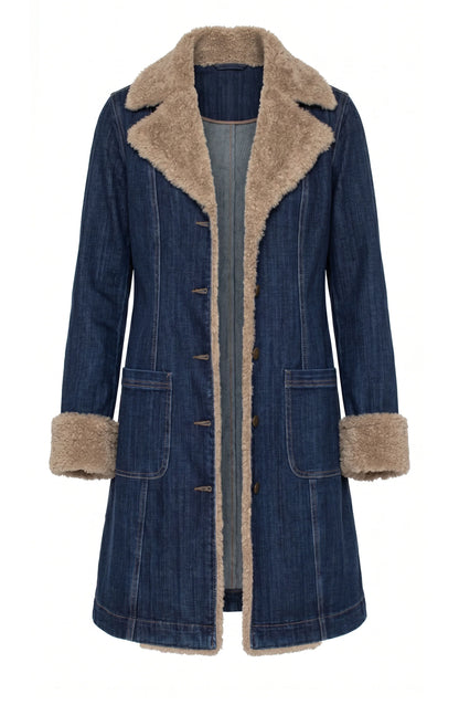 Sherpa Trimmed Notch Collar Denim Jacket - Rinse Wash
