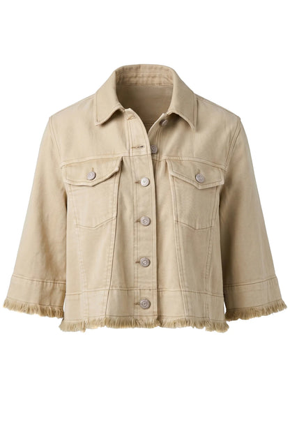 3/4 Sleeve Frayed Flounce Jacket - Light Khaki