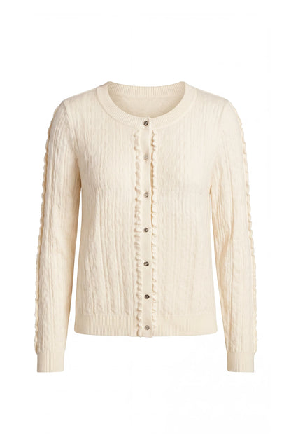 Button Front Cardigan with Ruffles - Cream
