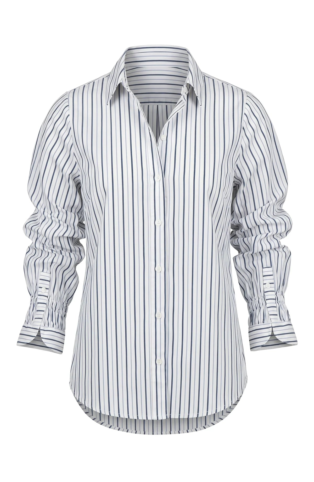 Adjustable Sleeve Button Front Top - White/Club Navy Stripe