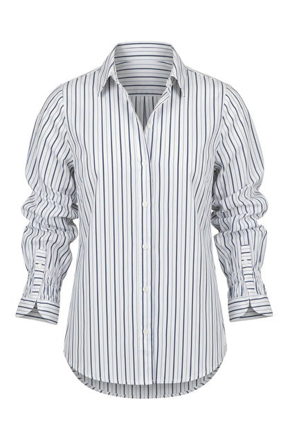 Adjustable Sleeve Button Front Top - White/Club Navy Stripe