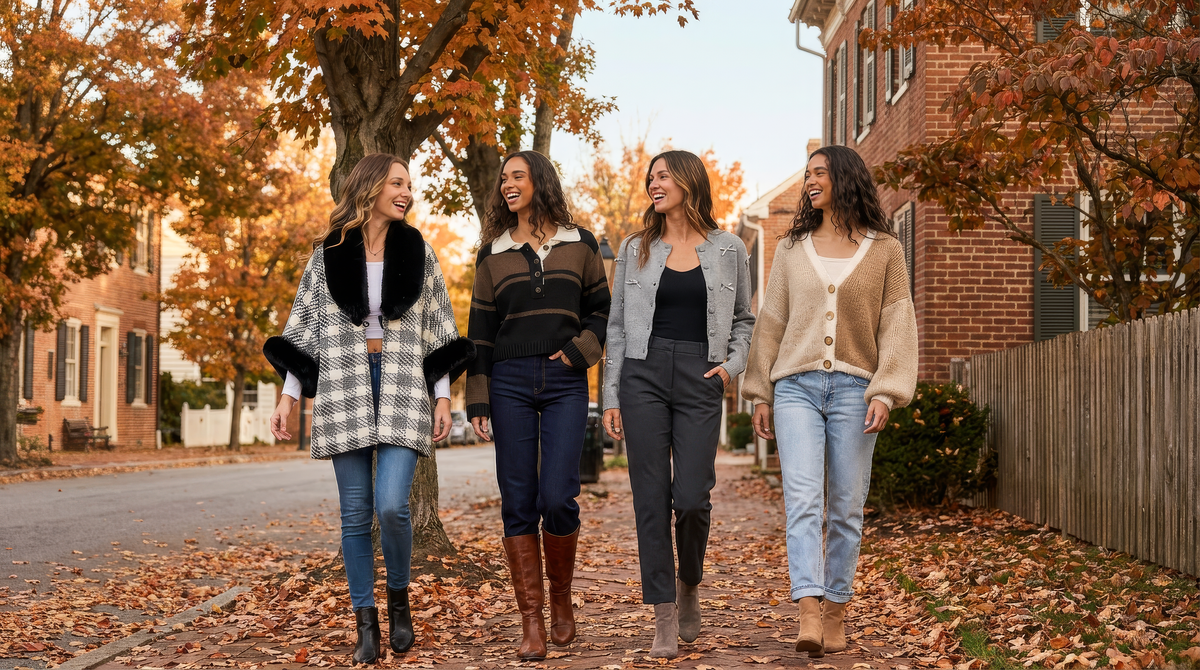Four women in White Lotus fall sweaters walking down an autumn street